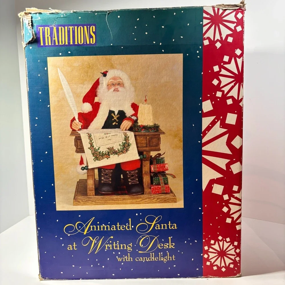 Traditions Animated Santa at Writing Desk w Candle light list 90s Works VTG